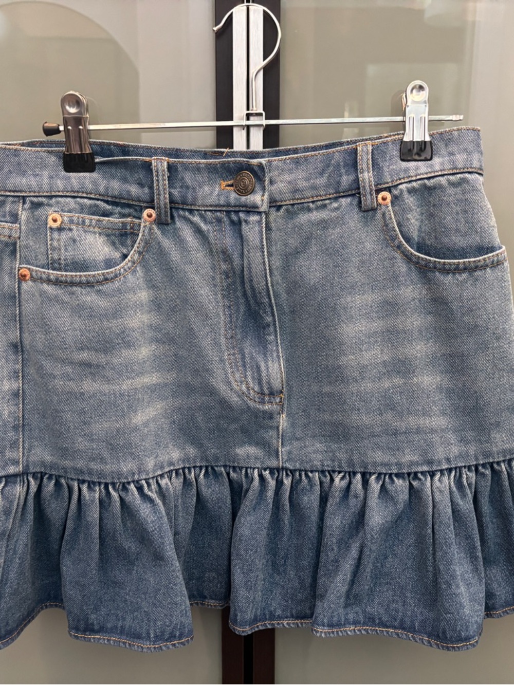 Valentino Denim Ruffle Mini Skirt - Mid Blue-NWOT - Picture 3 of 4